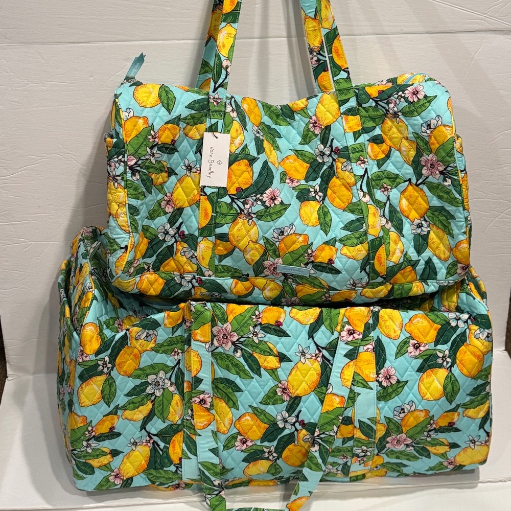 Vera Bradley Lemon Grove Large Duffel AND XL Duffel Blue Yellow Quilted Bag New